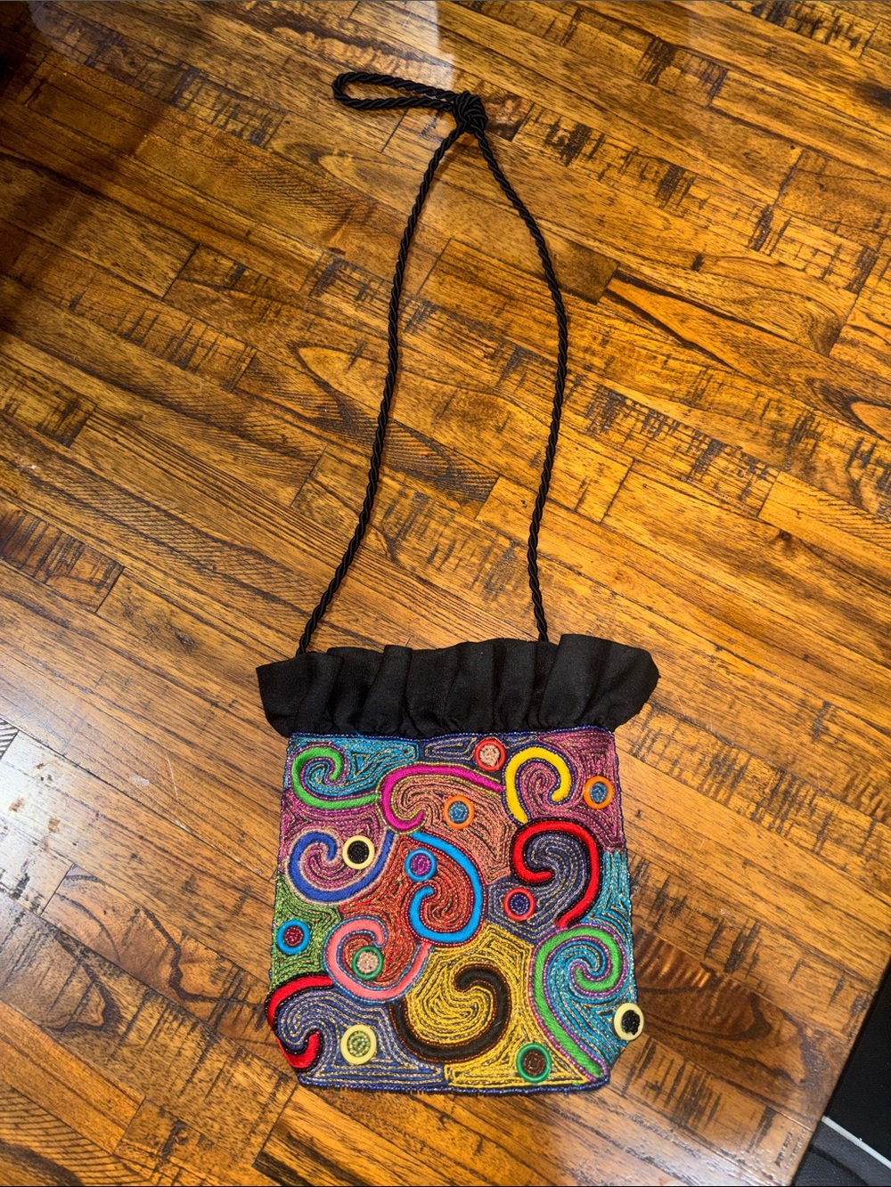 Colorful Swirl Beaded Shoulder Bag from India- Black Trim